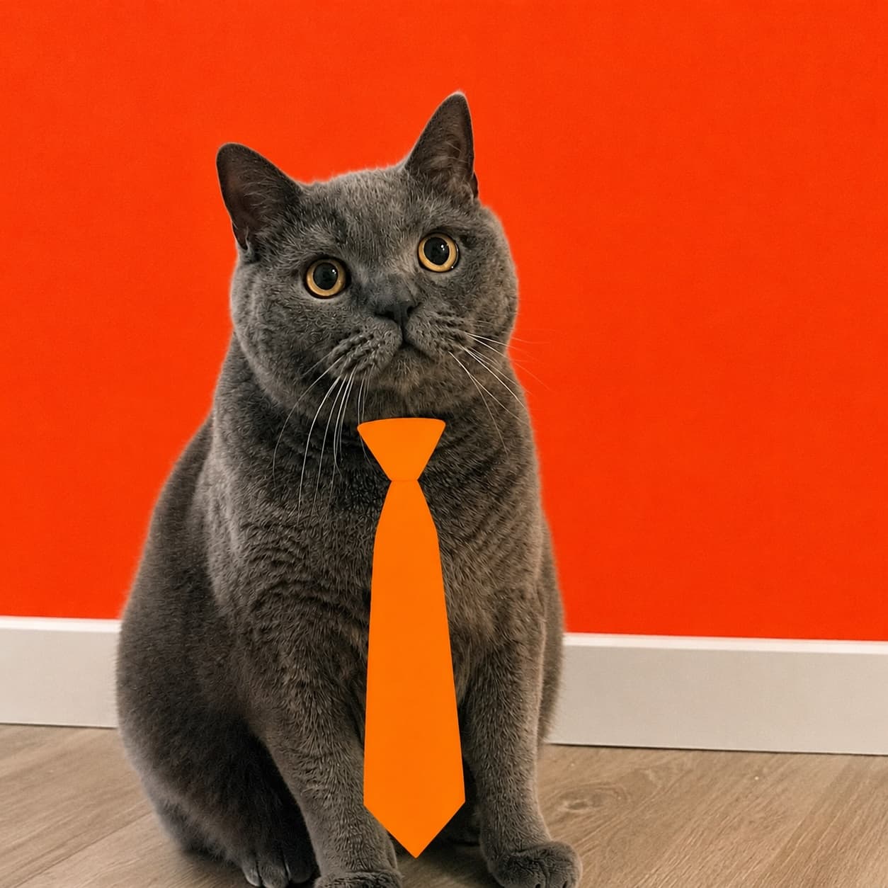 Albie, aka Mr Boo — Hot Cat Games' Cat Executive Officer, a grey cat wearing an orange tie