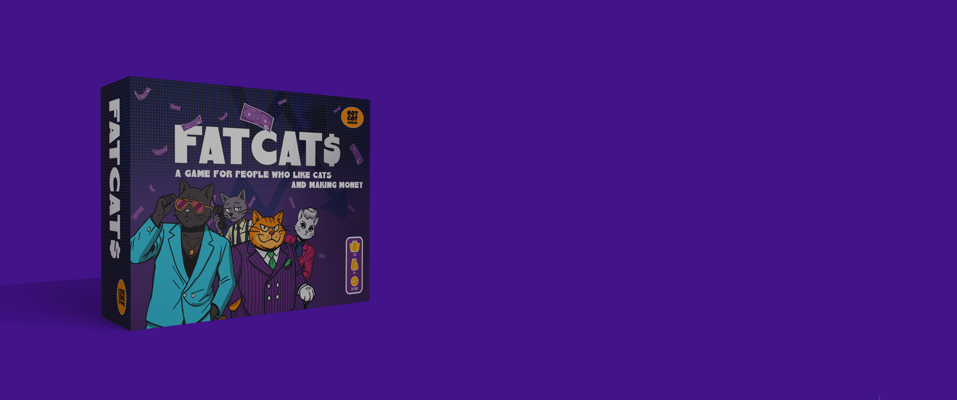 Fat Cats board game box surrounded by flying banknotes